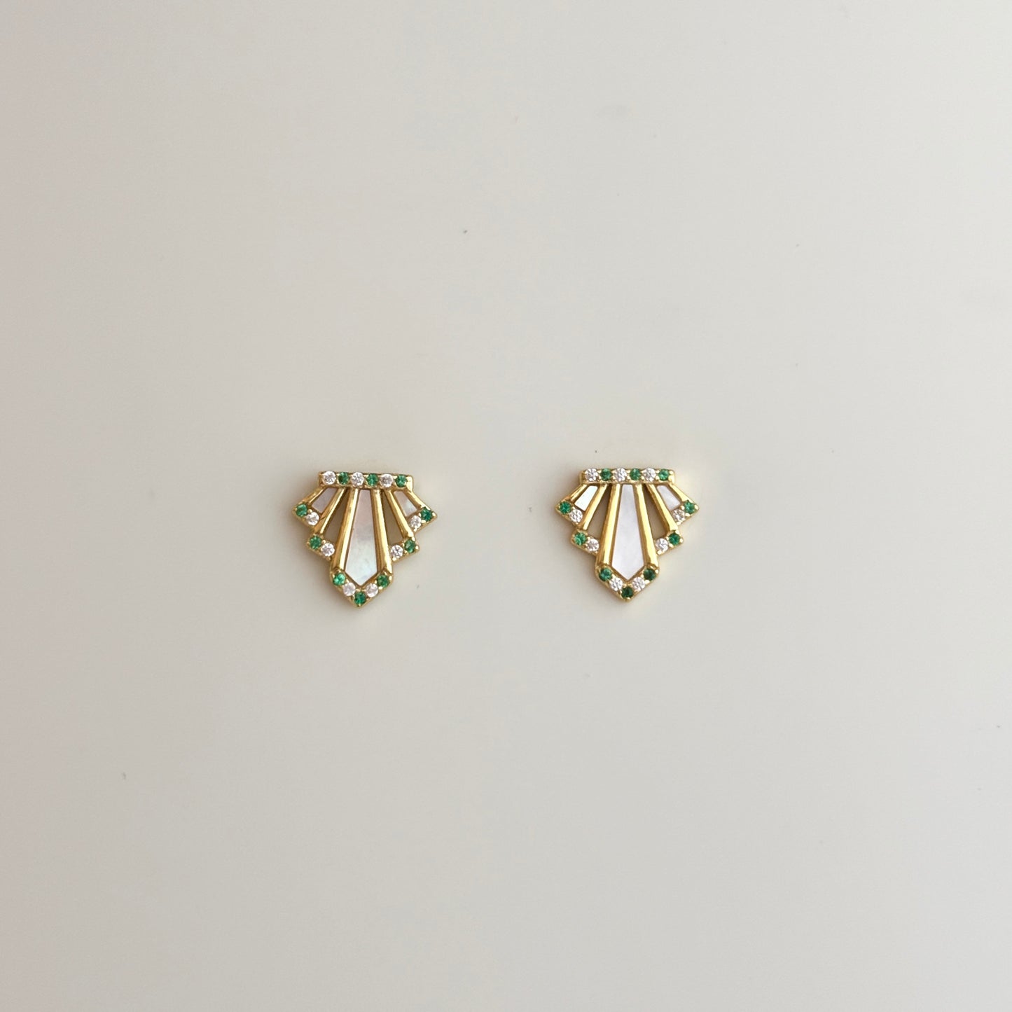 Art Deco Nacre Embedded Stud Earrings | Green & White Accents