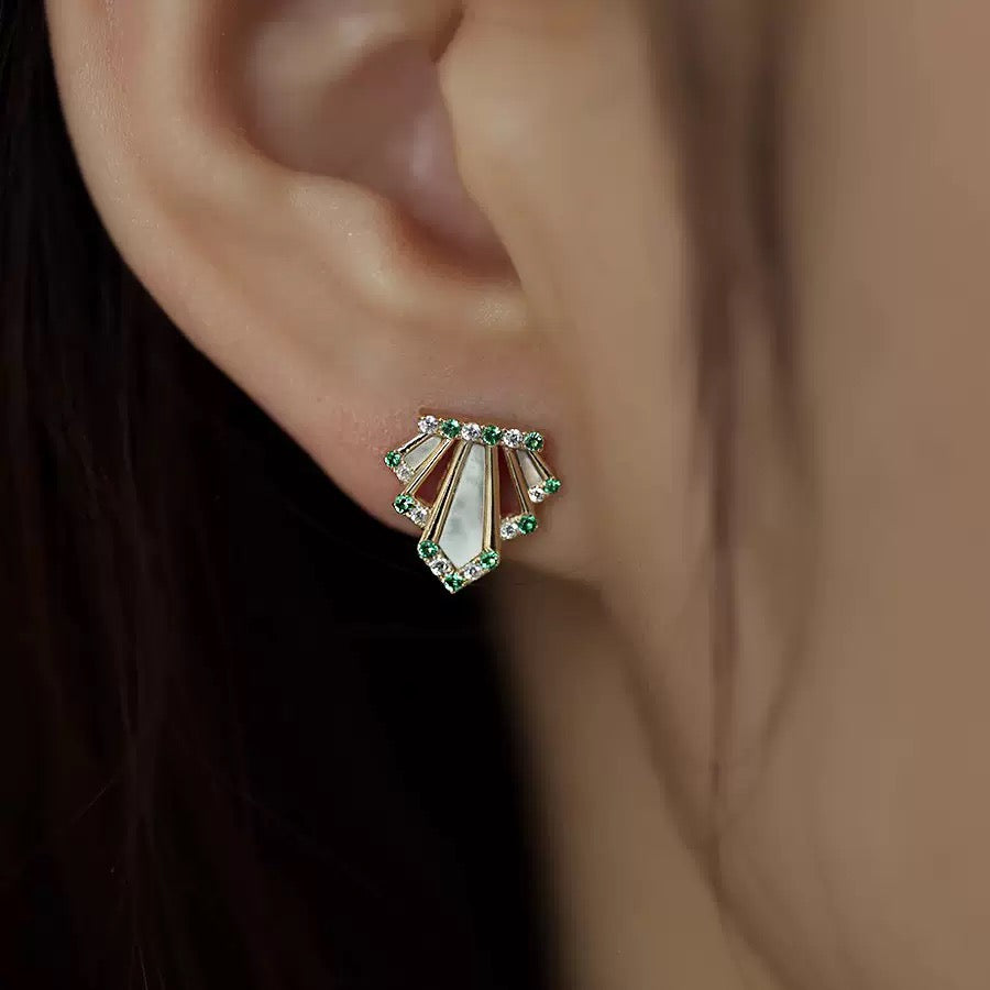 Art Deco Nacre Embedded Stud Earrings | Green & White Accents