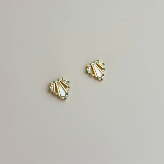 Art Deco Nacre Embedded Stud Earrings | Green & White Accents