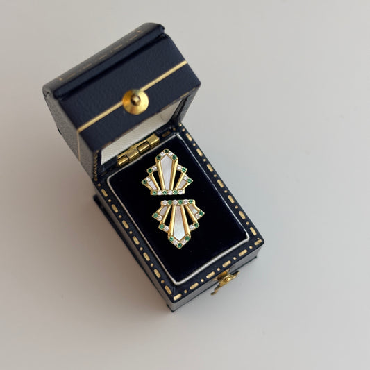 Art Deco Nacre Embedded Stud Earrings | Green & White Accents